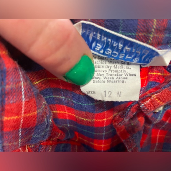 Vintage Osh Kosh Red Blue Plaid Flannel Button Down Shirt Winter Size 12 Month - Picture 6 of 8